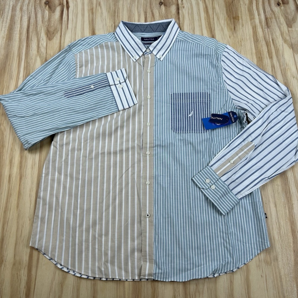Nautica Men's NEW Colorblock Stripe Button Shirt Long Sleeve Classic Fit 2XL
